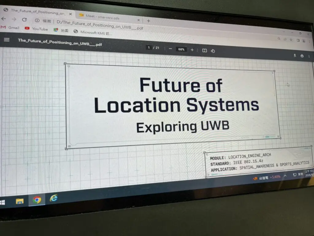Presentation slide on a computer monitor titled Future of Location Systems Exploring UWB.