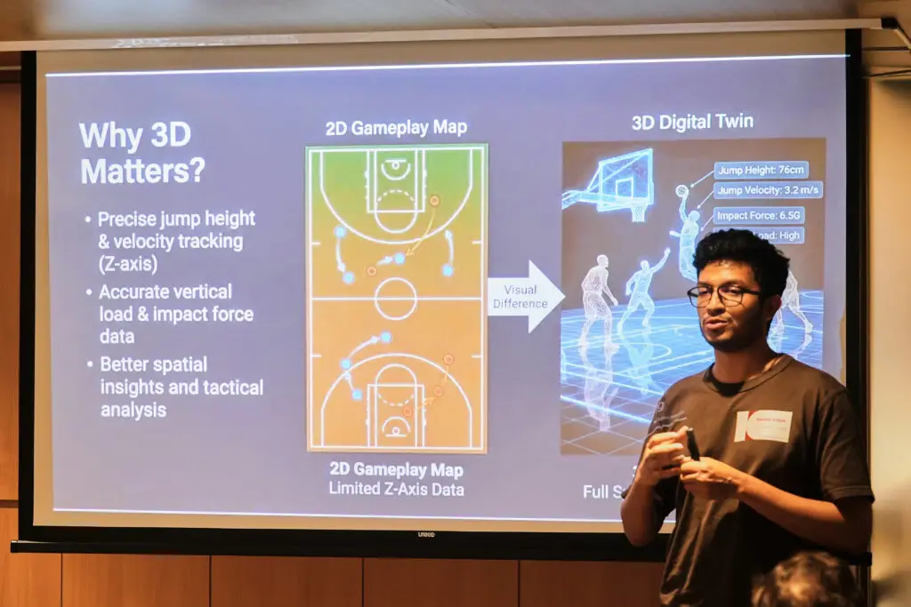 Speaker presenting a slide titled Why 3D Matters, comparing 2D basketball gameplay maps to a 3D digital twin.